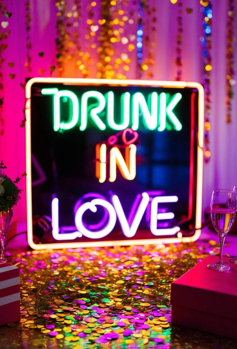 A neon sign with "Drunk in Love" in bright, festive colors surrounded by wedding-themed decorations and confetti