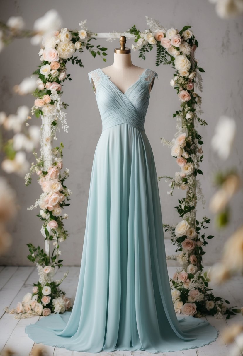 An elegant A-line chiffon gown draped on a mannequin, surrounded by delicate lace and floral details