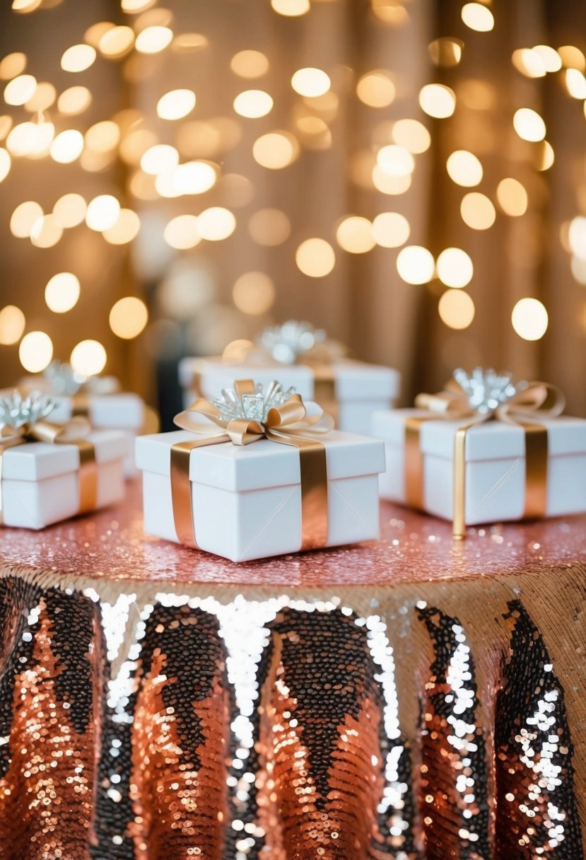 A sparkling sequin tablecloth adorned with elegant wedding gifts