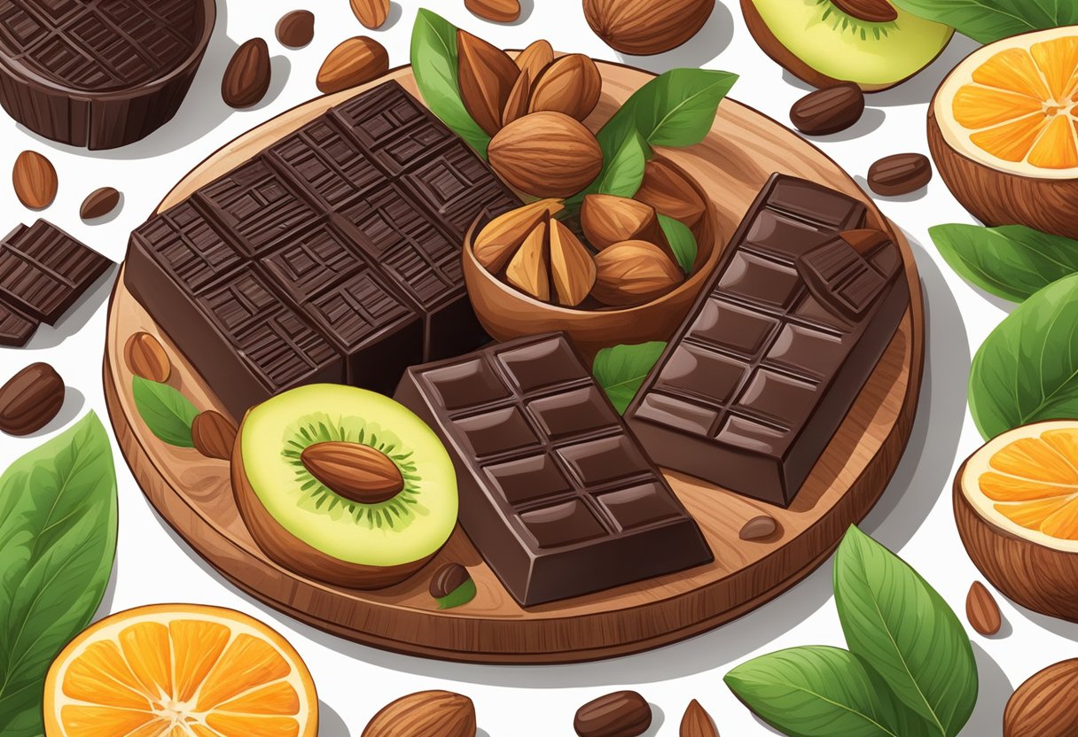 A piece of dark chocolate surrounded by vibrant keto-friendly fruits and nuts on a wooden platter