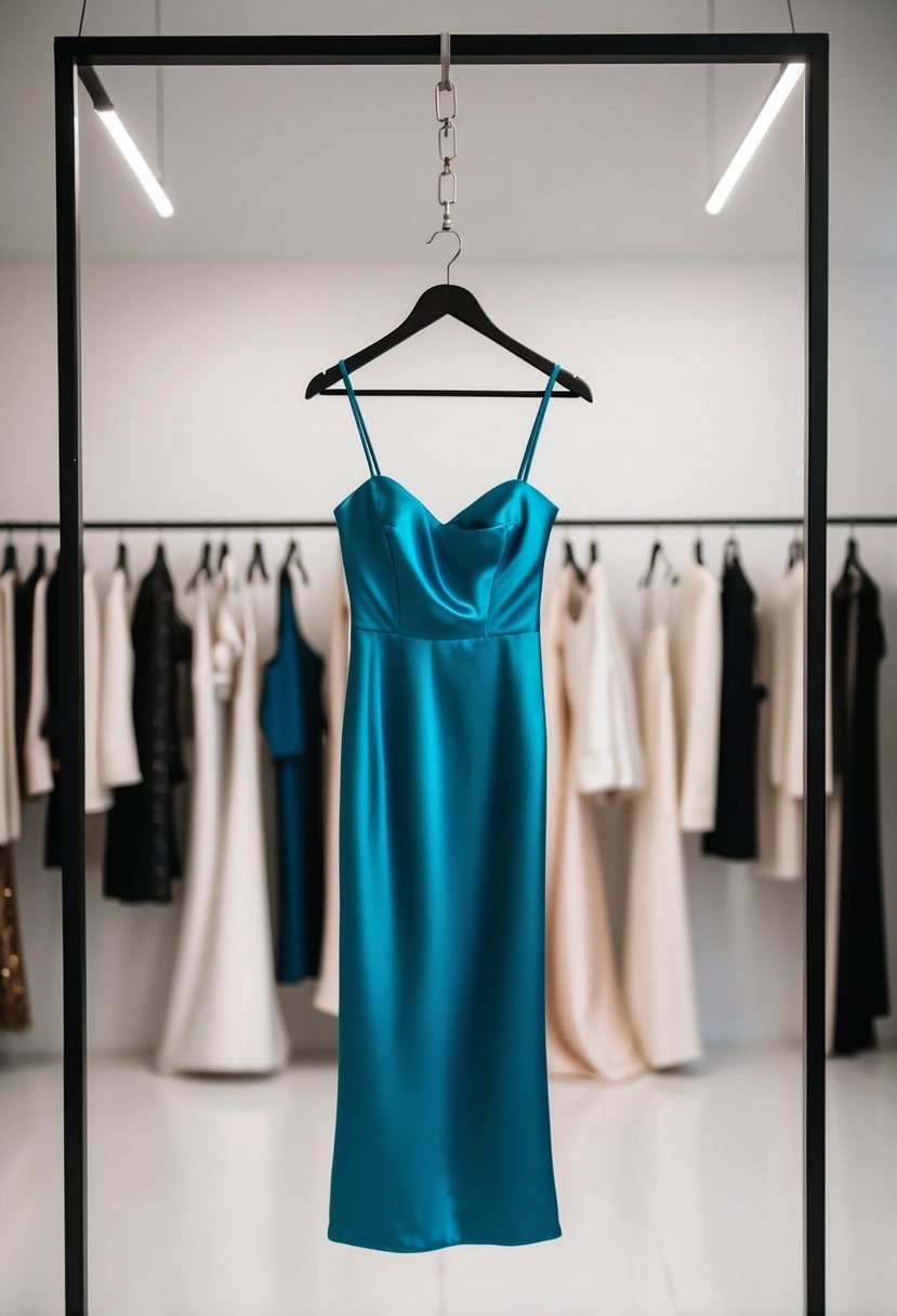 A sleek, satin slip dress hangs on a hanger in a minimalist, modern bridal boutique