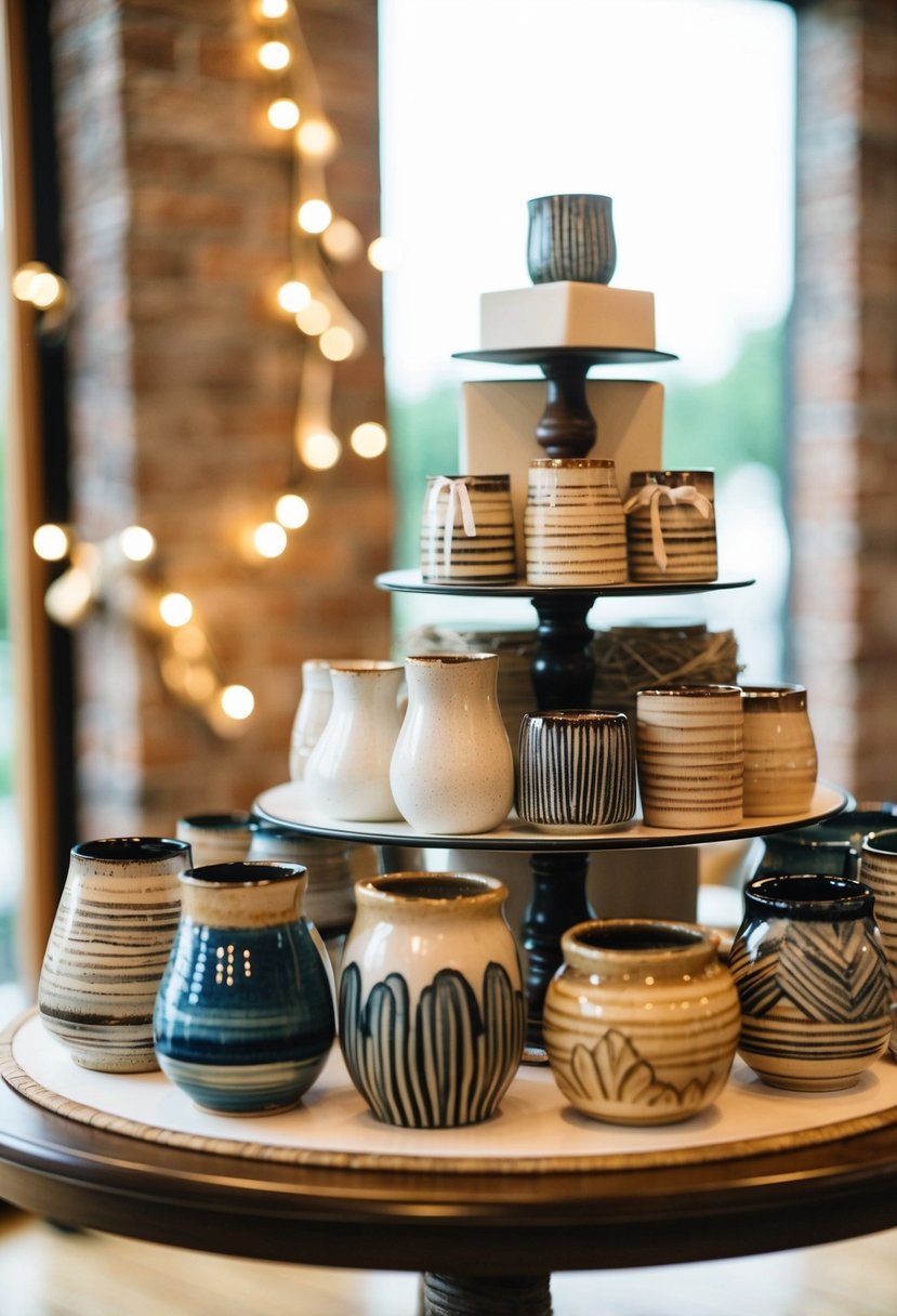 A table adorned with unique handmade ceramic pieces, perfect for a wedding gift display