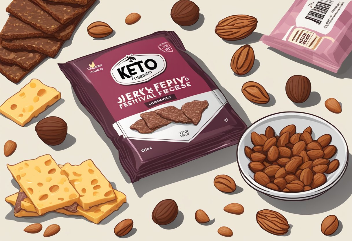 A pack of jerky surrounded by nuts and cheese, with a keto food festival in the background