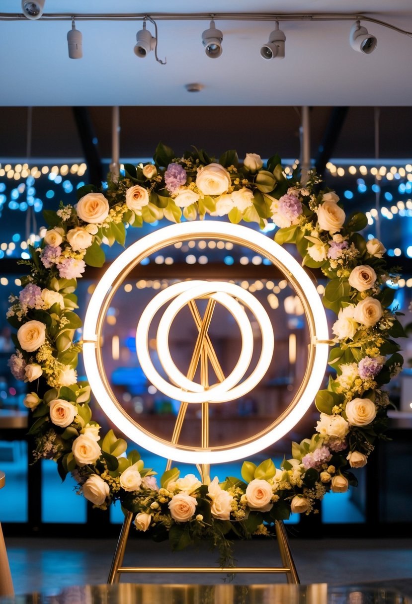 A glowing neon sign of two intertwined rings, surrounded by floral decorations and twinkling lights