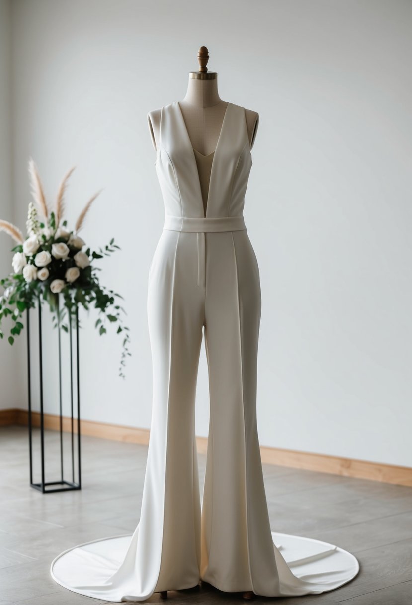 A sleek, modern bridal jumpsuit with tailored details, set against a simple, elegant backdrop for a civil wedding ceremony