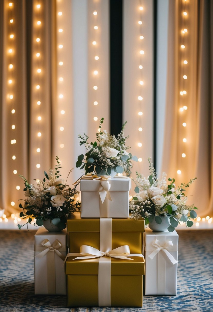 A whimsical wedding gift table adorned with twinkling fairy lights and delicate floral arrangements