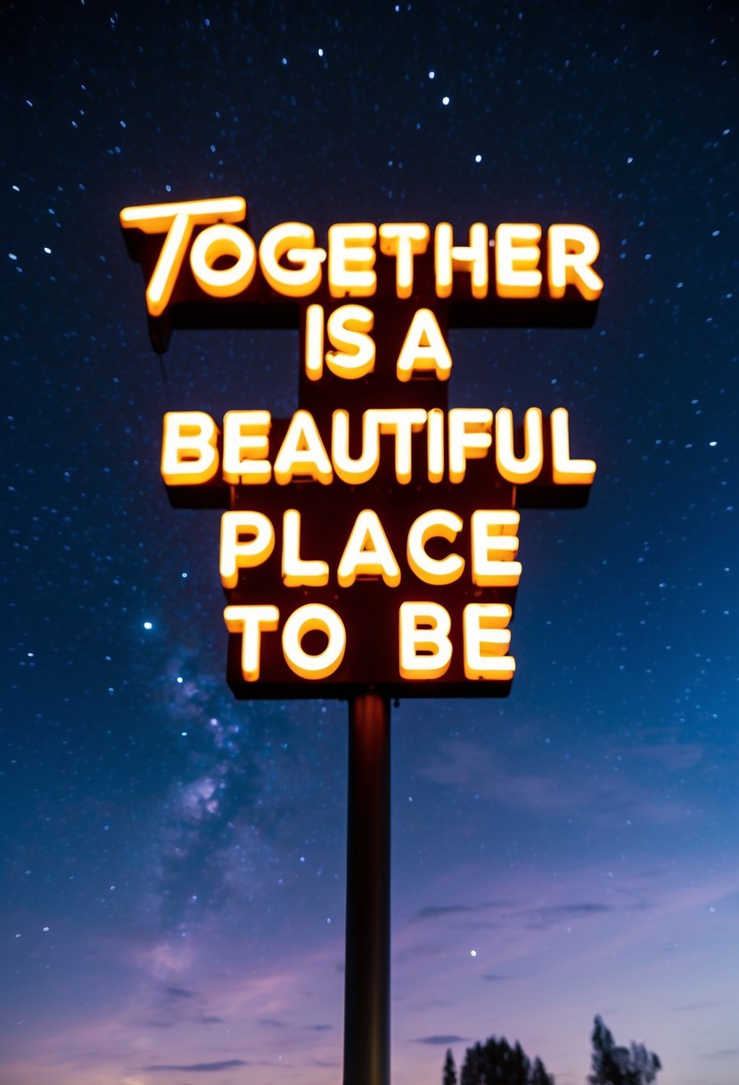 A glowing neon sign with the words "Together is a Beautiful Place to Be" against a starry night sky backdrop