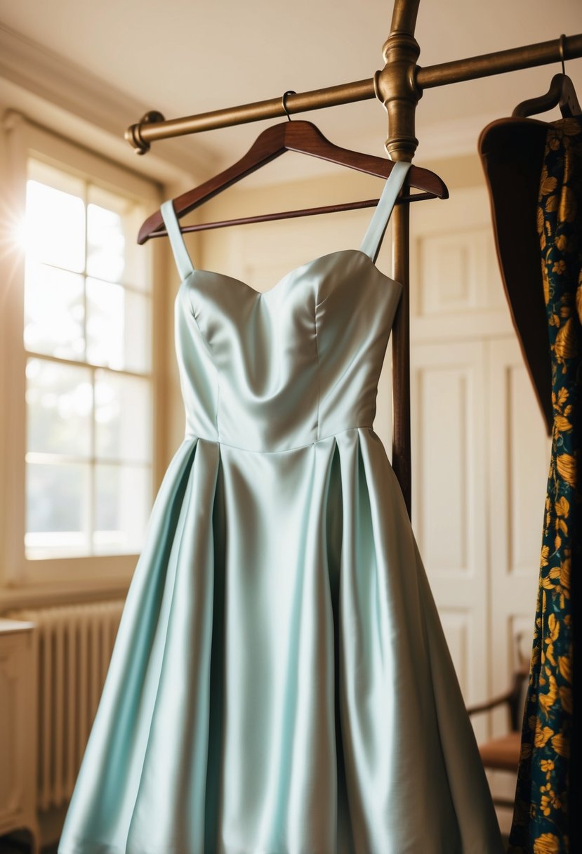 A satin dress hangs on a vintage coat rack in a sunlit room