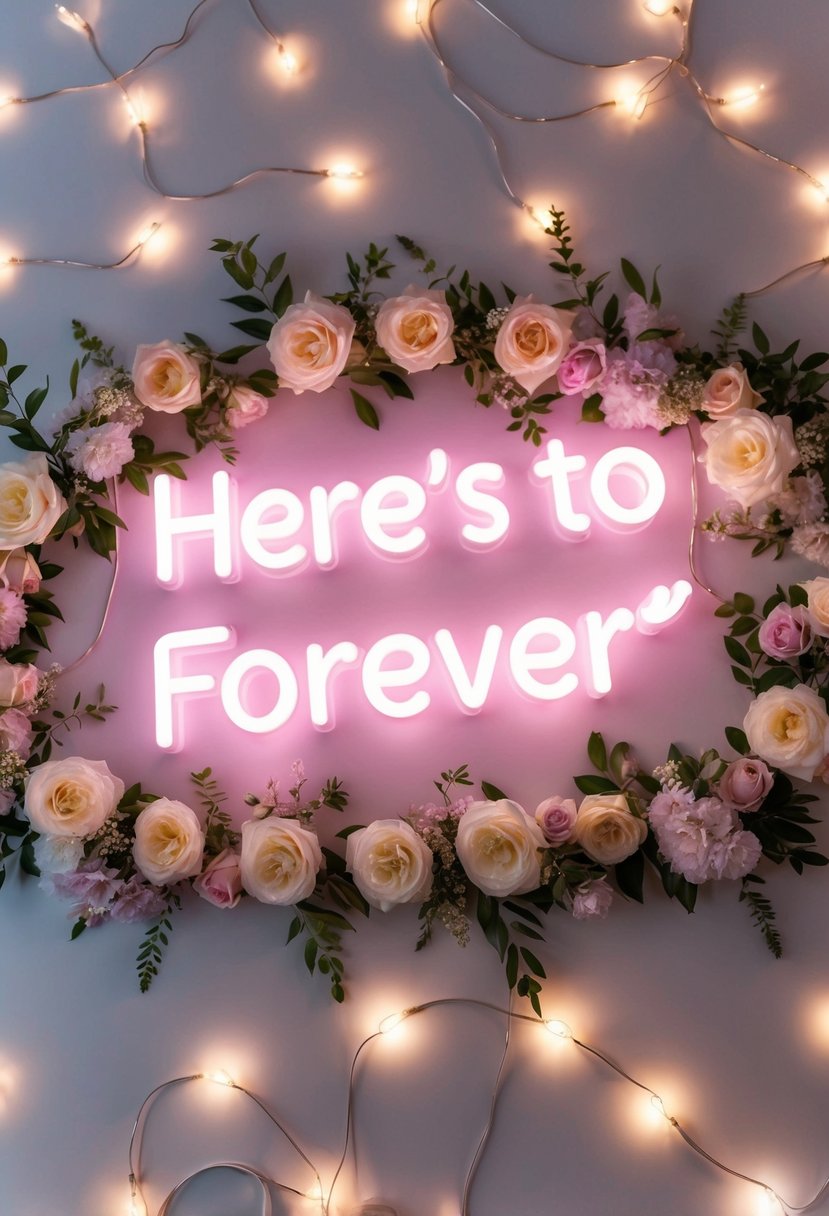 A glowing neon sign with the words "Here's to Forever" surrounded by delicate floral designs and twinkling lights