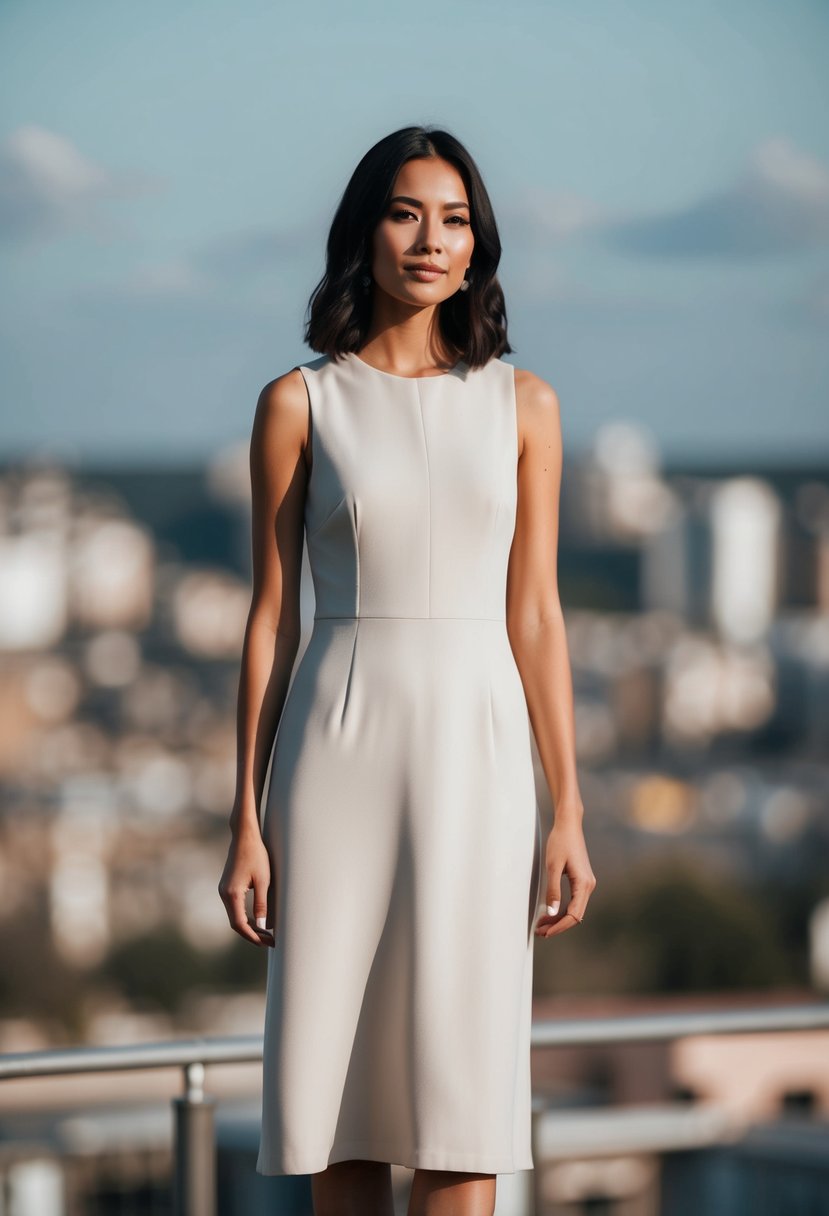 A simple, sleeveless midi dress in a neutral color, with a clean, modern silhouette