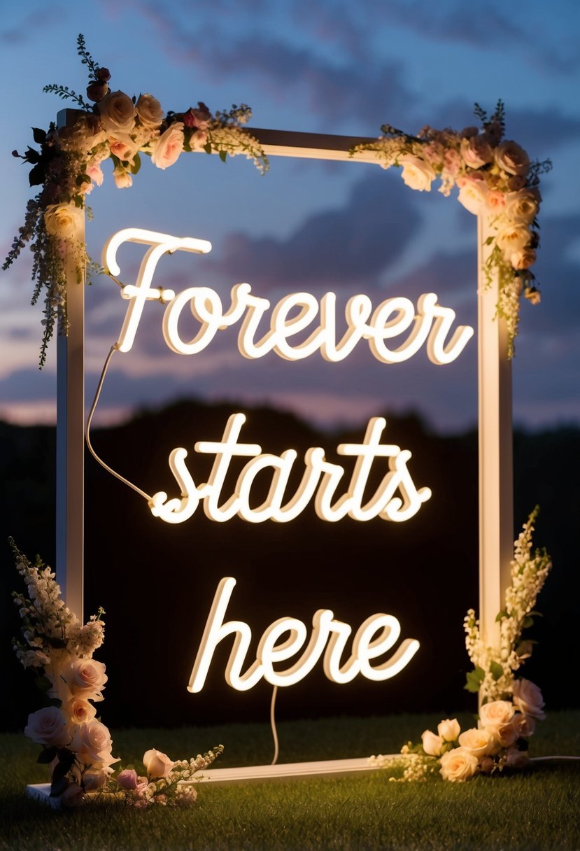 A glowing neon sign with the words "Forever Starts Here" surrounded by delicate floral elements, set against a romantic evening sky