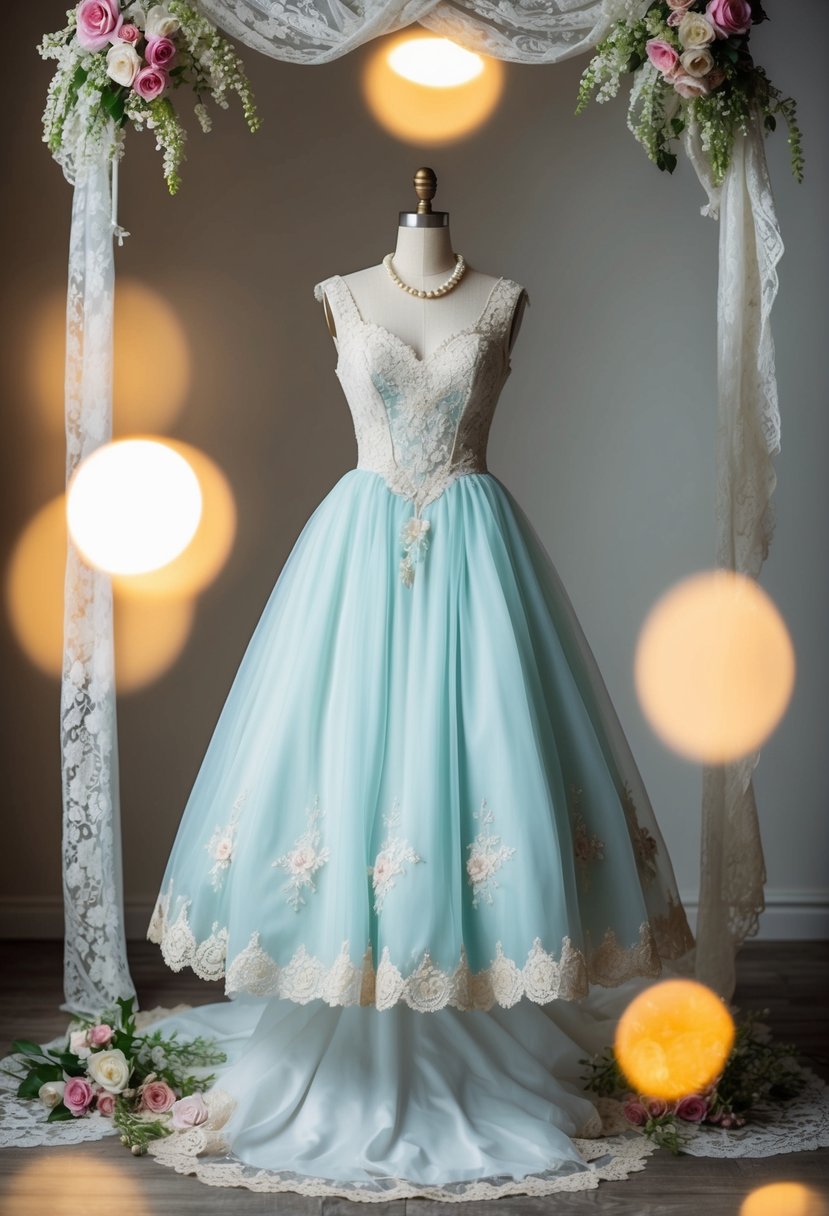 A vintage tea-length gown on a mannequin, surrounded by lace, pearls, and floral accents, with soft lighting casting a romantic glow