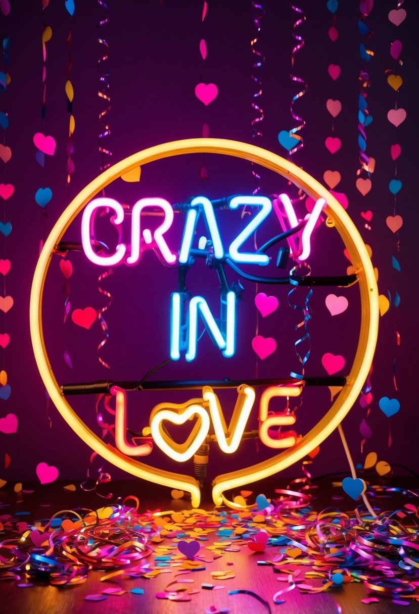 A neon sign of "Crazy in Love" with vibrant colors and heart shapes, surrounded by confetti and streamers, creating a joyful and enthusiastic wedding vibe