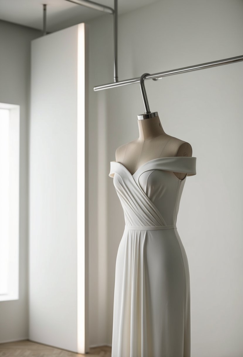 A modern off-the-shoulder dress hangs on a sleek mannequin, set against a minimalist backdrop with soft lighting