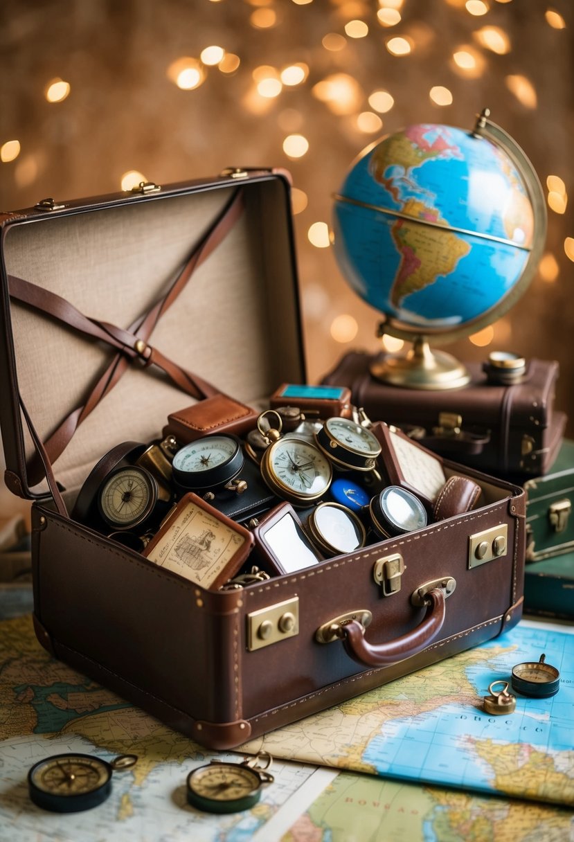 A vintage suitcase overflowing with travel mementos, surrounded by maps, compasses, and a globe