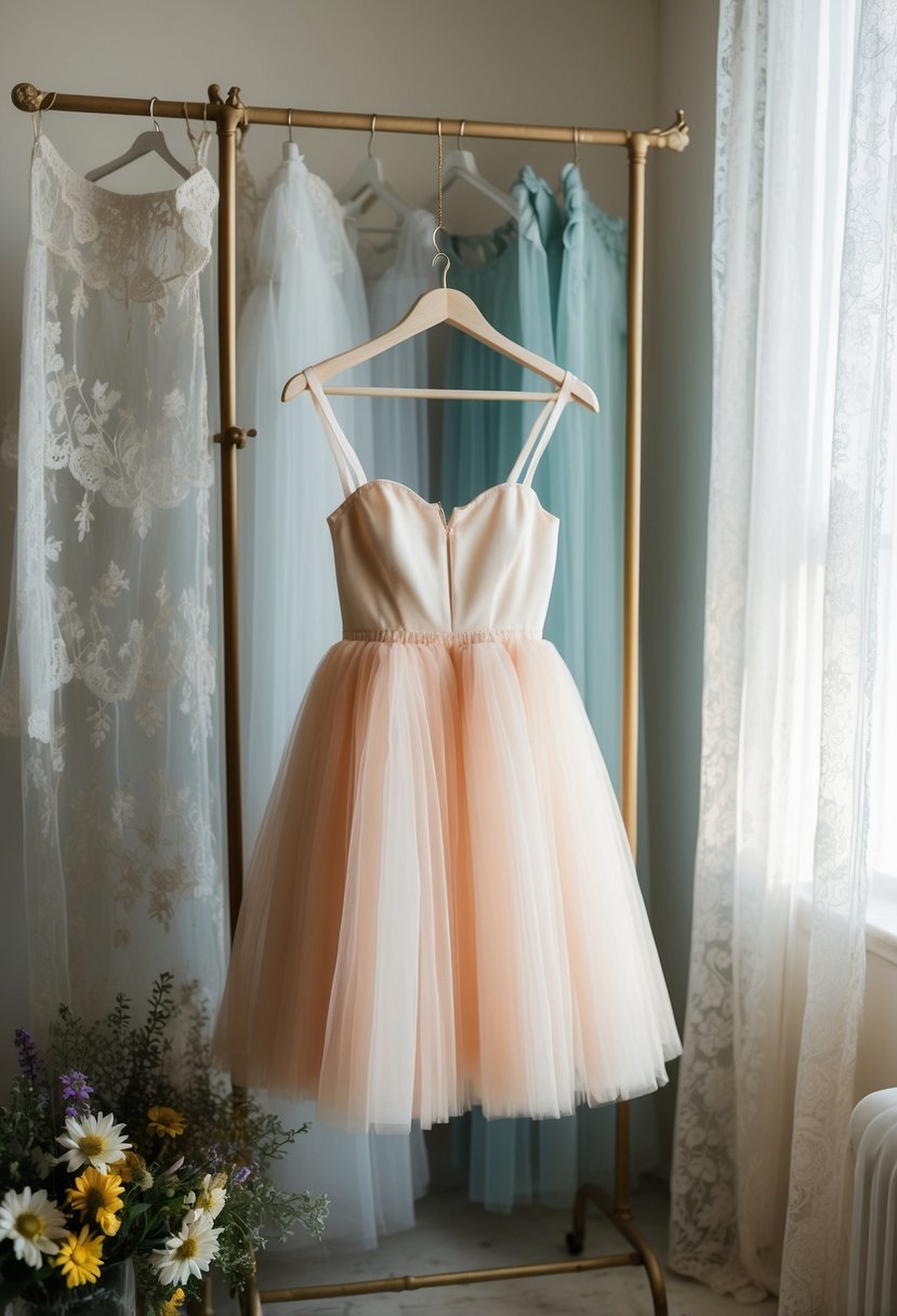 A flirty tulle mini dress hangs on a vintage coat rack in a sunlit room, surrounded by delicate lace curtains and a bouquet of wildflowers