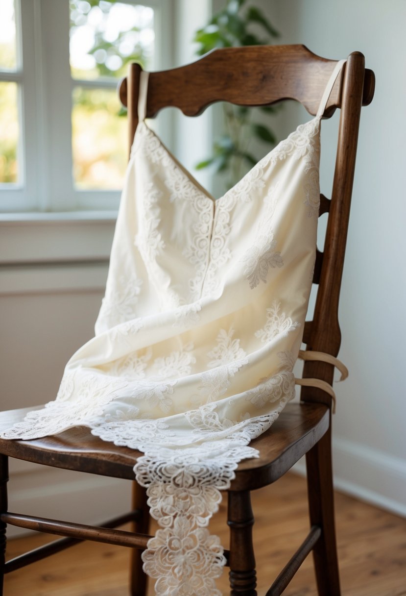 A lace-applique sheath dress draped over a vintage wooden chair in a sunlit room