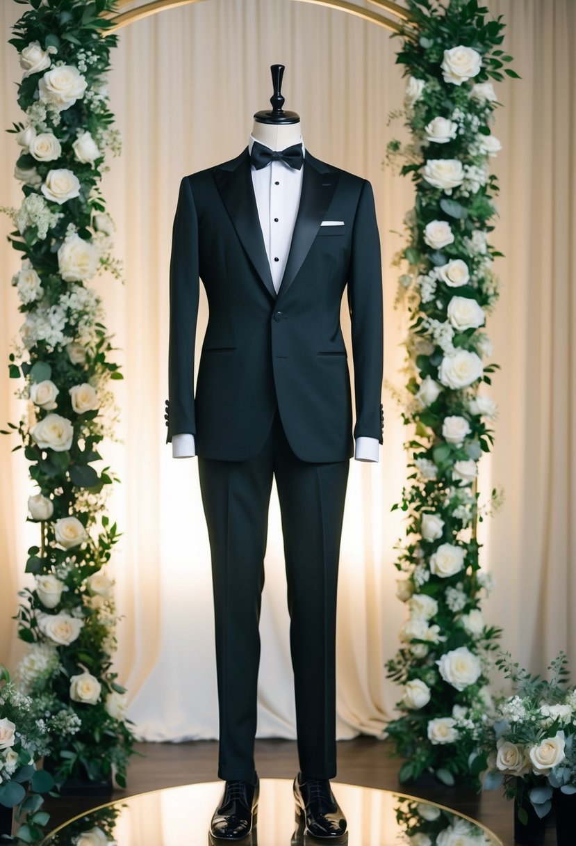 A sleek black tuxedo with a crisp white shirt, black bow tie, and polished black shoes displayed on a mannequin against a backdrop of elegant floral arrangements and soft lighting