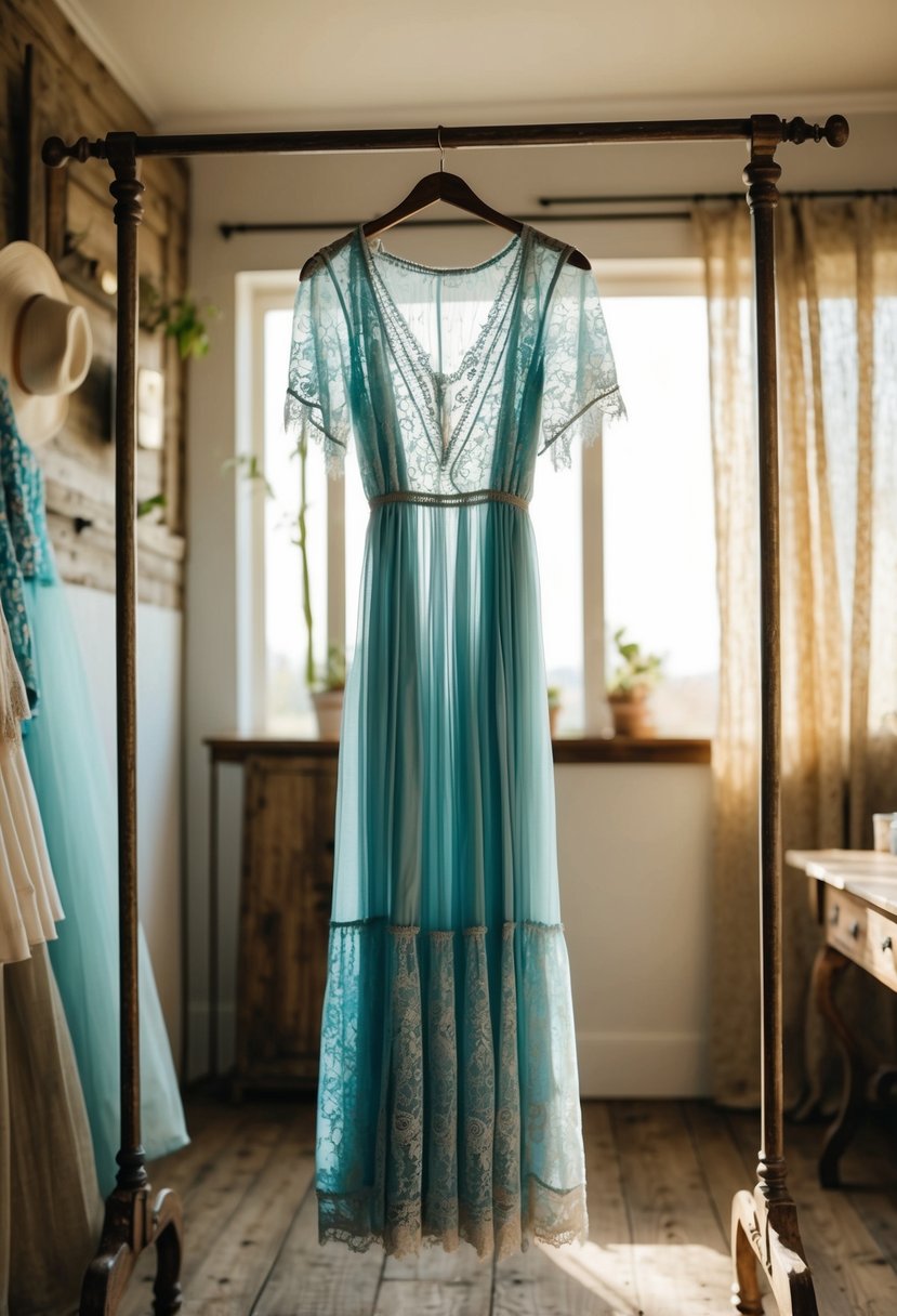 A flowy, lace-trimmed boho dress hangs on a vintage coat rack in a sunlit room with rustic decor