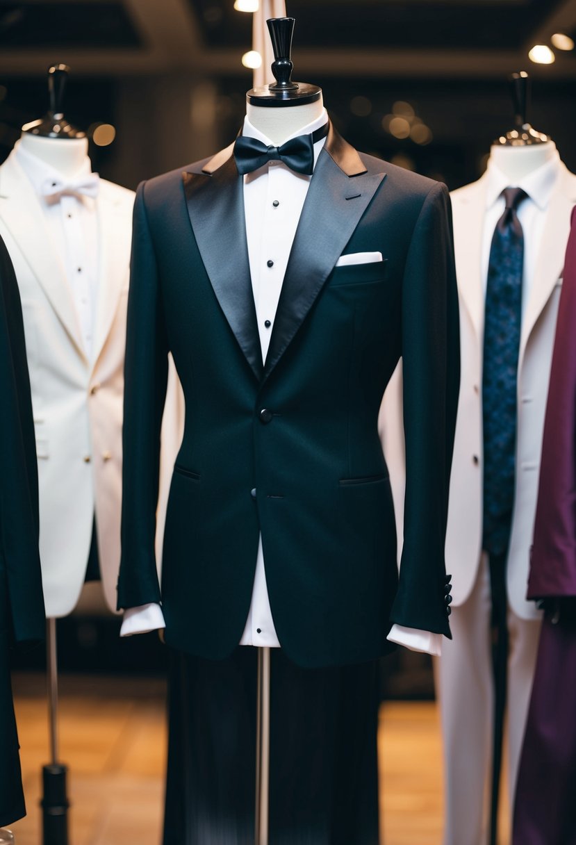 A classic black tuxedo with satin lapels hanging on a tailor's mannequin, surrounded by other formal attire