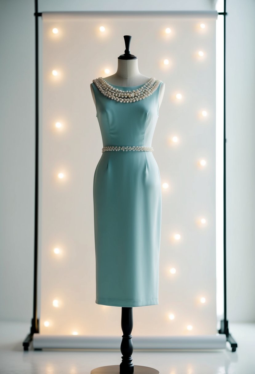 A simple sheath dress with delicate pearl embellishments, set against a minimalist backdrop with soft lighting