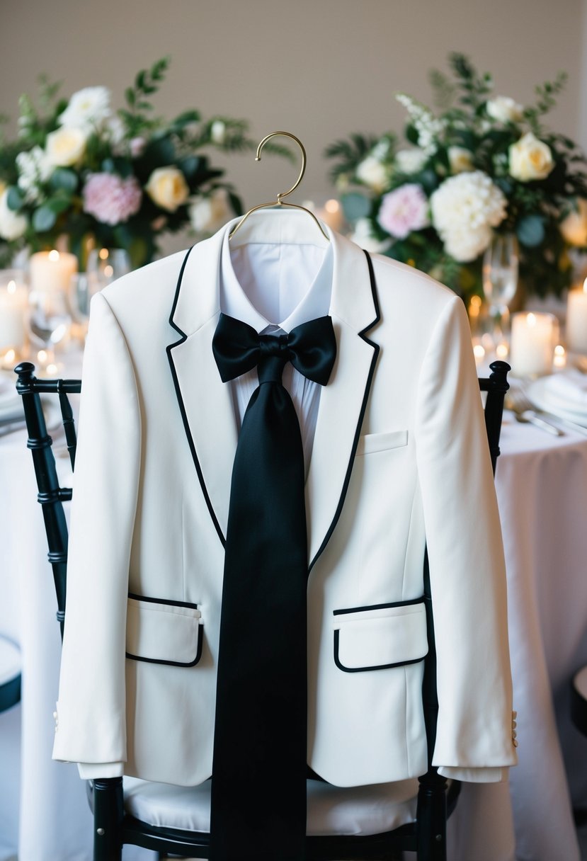 A white tuxedo jacket with a black bow tie draped over a chair, surrounded by elegant floral centerpieces and soft candlelight