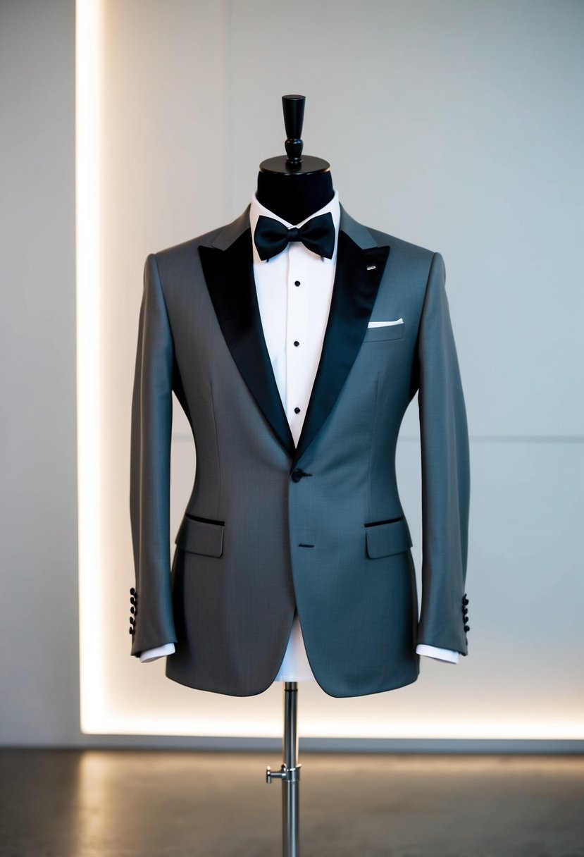 A sleek grey modern fit tuxedo displayed on a mannequin, set against a minimalist backdrop with clean lines and soft lighting