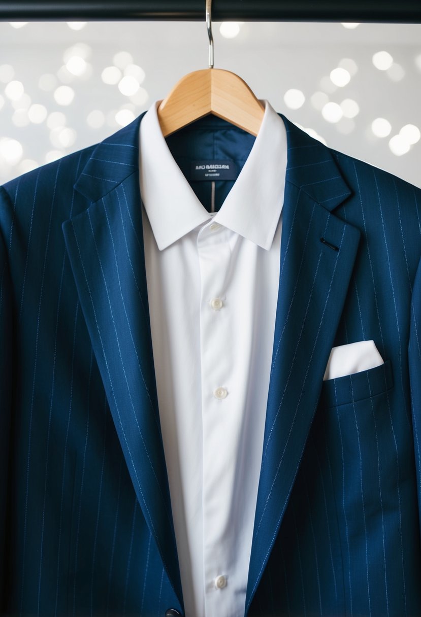 A navy blue tuxedo with subtle pinstripes hangs on a wooden hanger against a white background, with a crisp white dress shirt peeking out from underneath