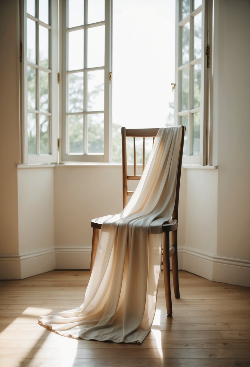 A flowing, elegant wrap dress drapes over a simple wooden chair in a sunlit room, casting soft shadows on the floor