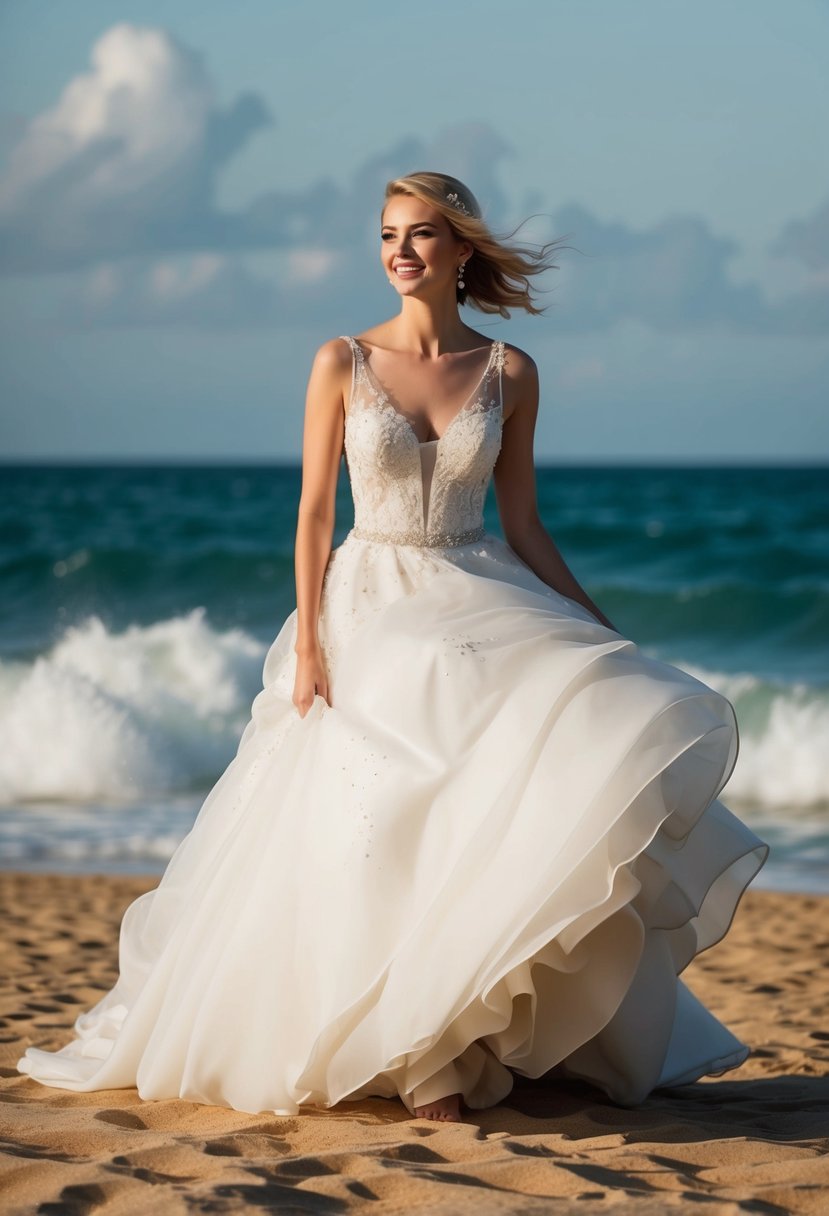 A flowing white wedding dress billows in the ocean breeze, adorned with delicate lace and shimmering details, set against a backdrop of golden sand and crashing waves