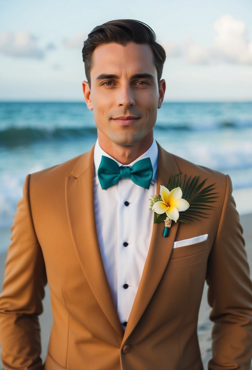 A tan Havana tuxedo set against a backdrop of a sandy beach and gentle ocean waves, with a tropical flower boutonniere pinned to the lapel