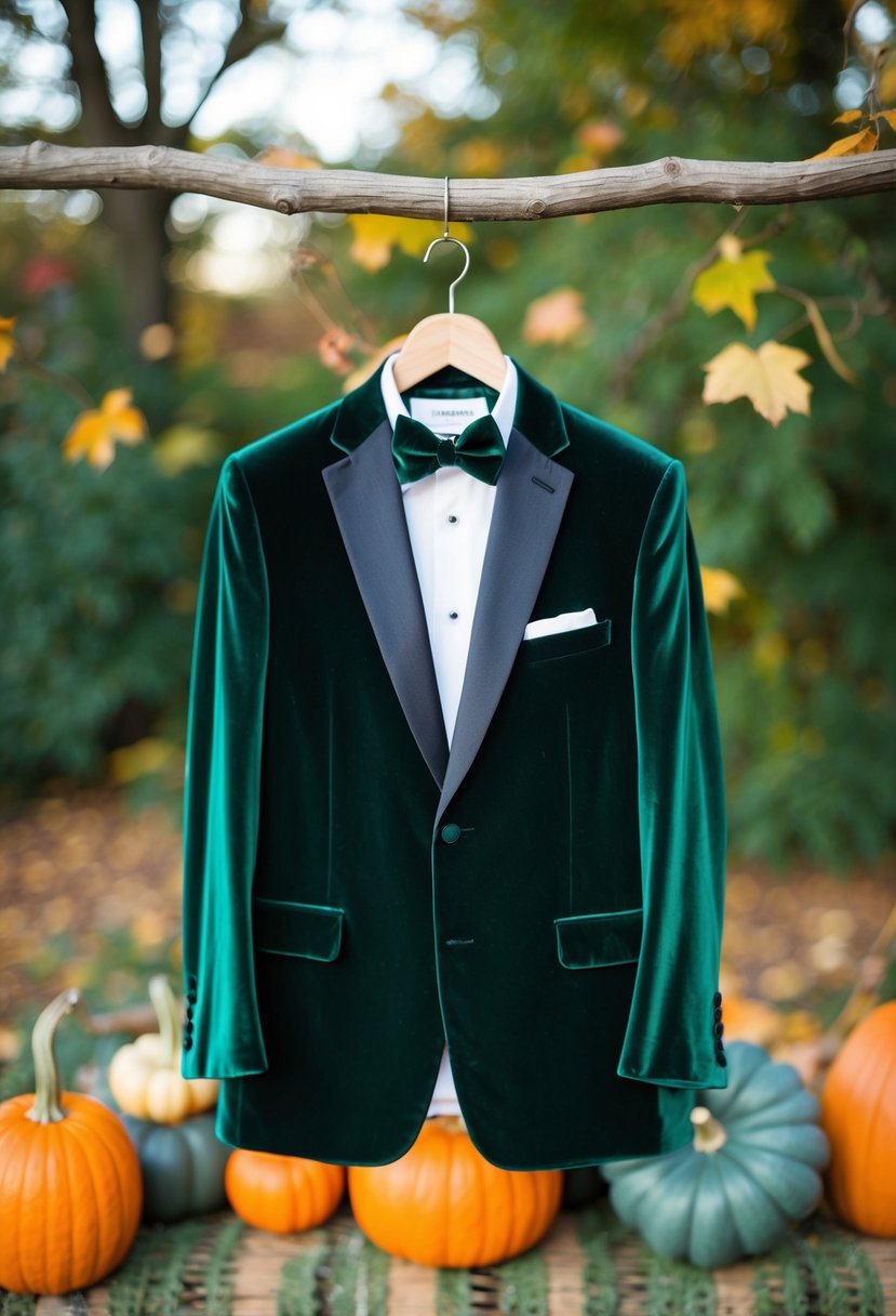 A hunter green velvet tuxedo hanging on a wooden hanger, with a fall-themed background of leaves and pumpkins