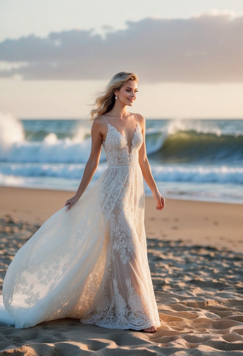 A flowing lace gown on a sandy beach, with waves crashing in the background and a soft, warm sunset glow