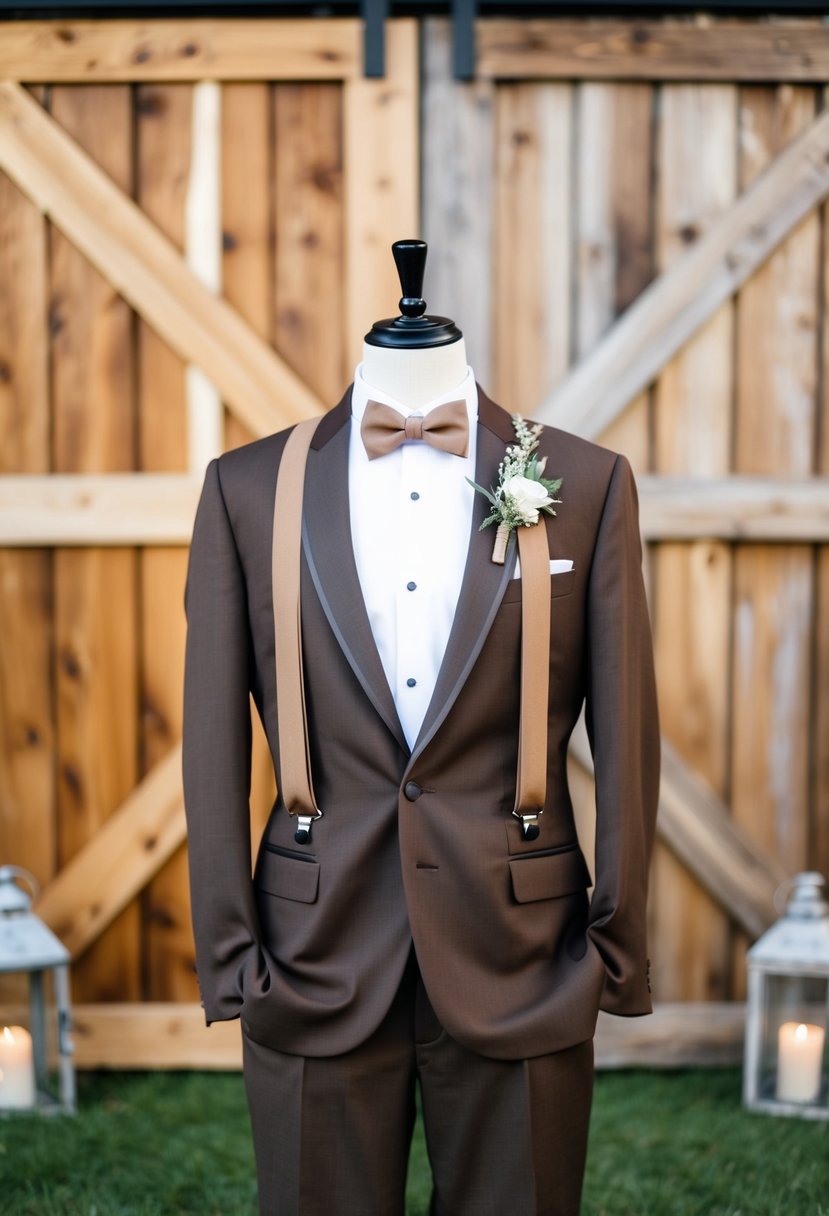 A rustic-themed wedding tuxedo: a brown suit with suspenders, set against a backdrop of wooden barn doors and vintage lanterns