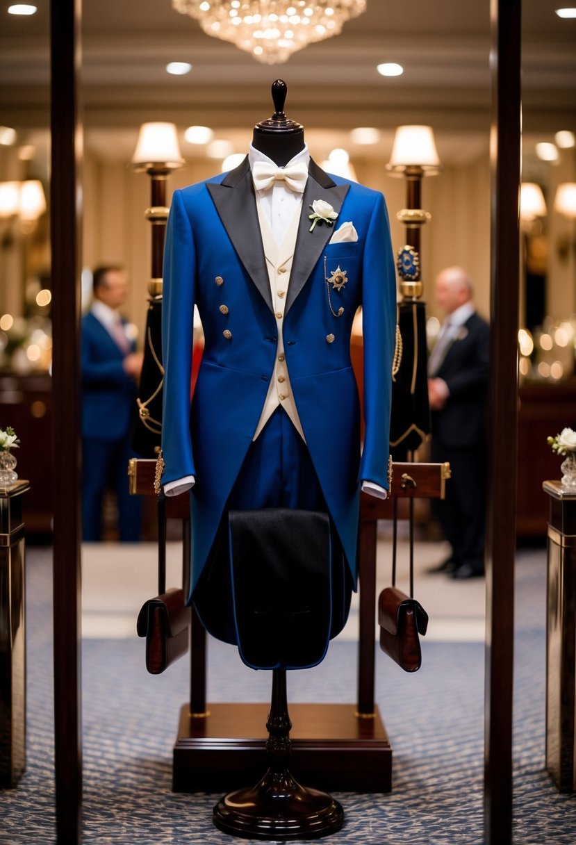 A traditional morning suit displayed in a formal setting with elegant accessories