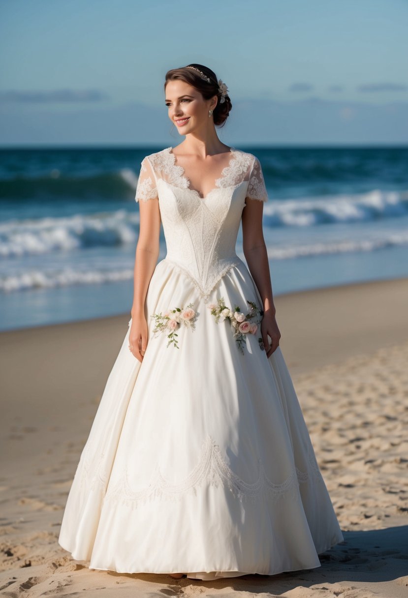 A bride stands on a sandy beach, wearing a vintage-inspired tea-length frock with delicate lace and floral details, as the ocean waves gently roll in the background