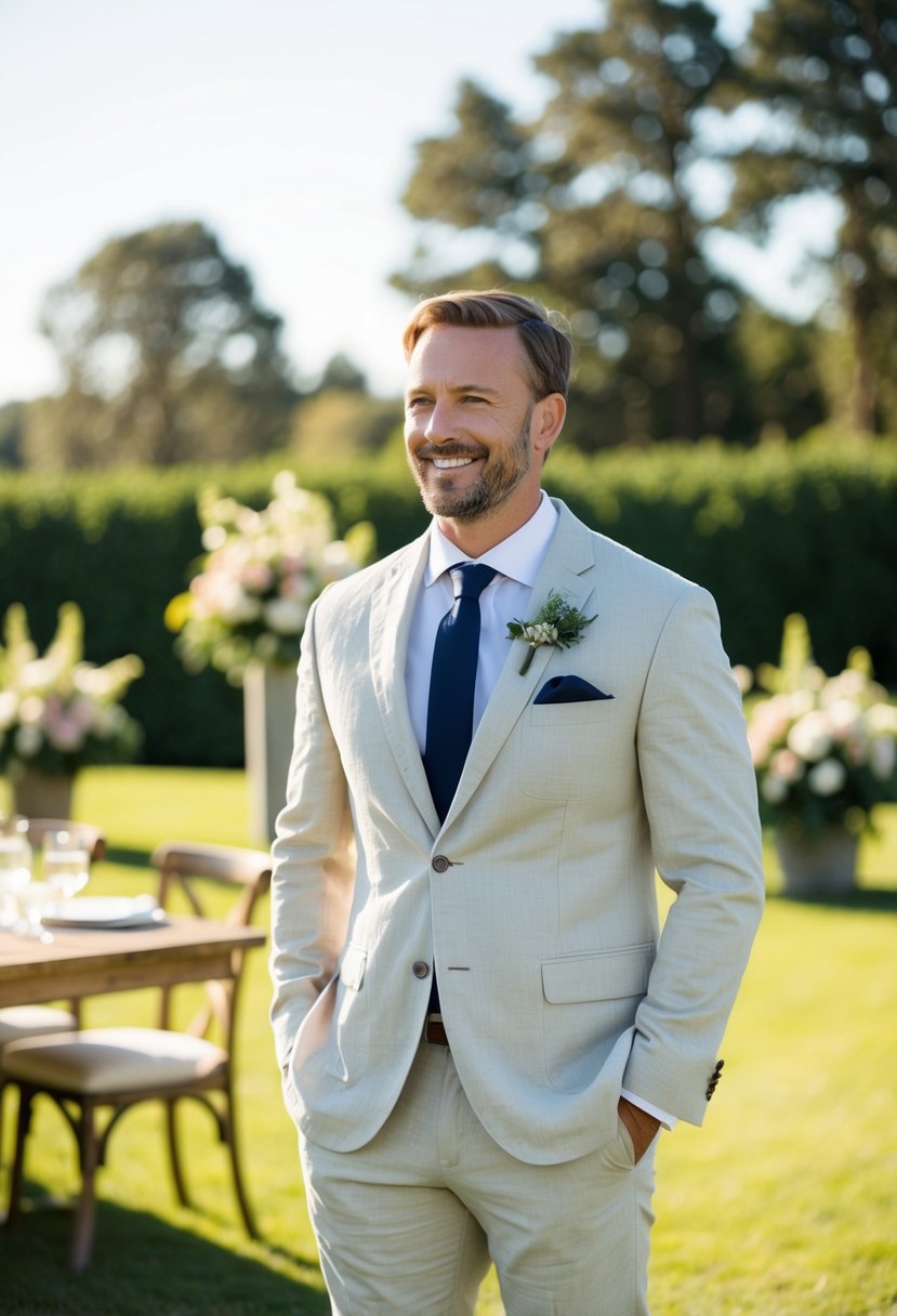 A groom in a casual linen suit, standing in a sunny outdoor wedding setting with flowers and greenery in the background