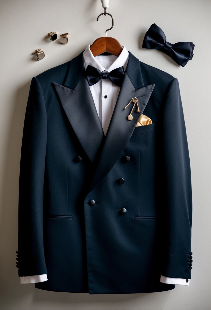 A double-breasted tuxedo with peak lapels hangs on a wooden hanger, surrounded by elegant cufflinks, a silk pocket square, and a sleek black bowtie