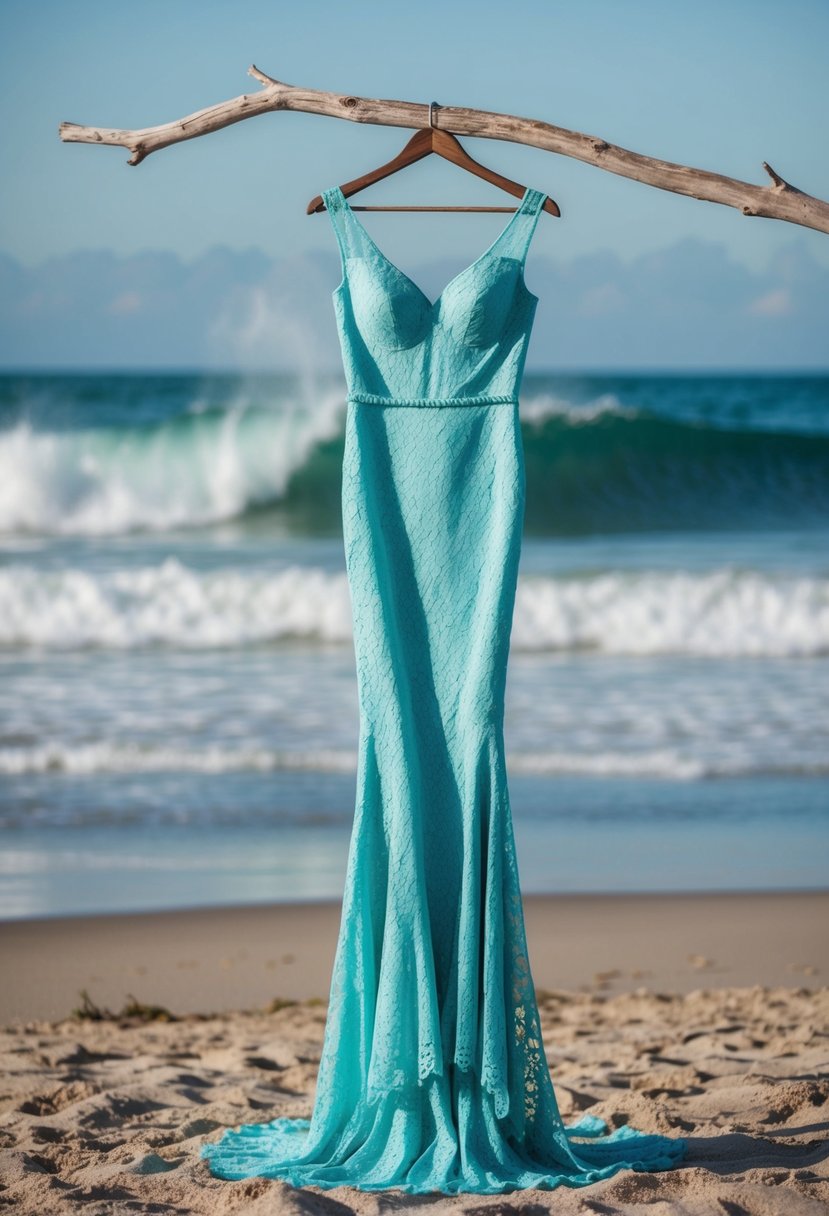 A mermaid lace dress drapes over a driftwood branch on a sandy beach, with waves crashing in the background