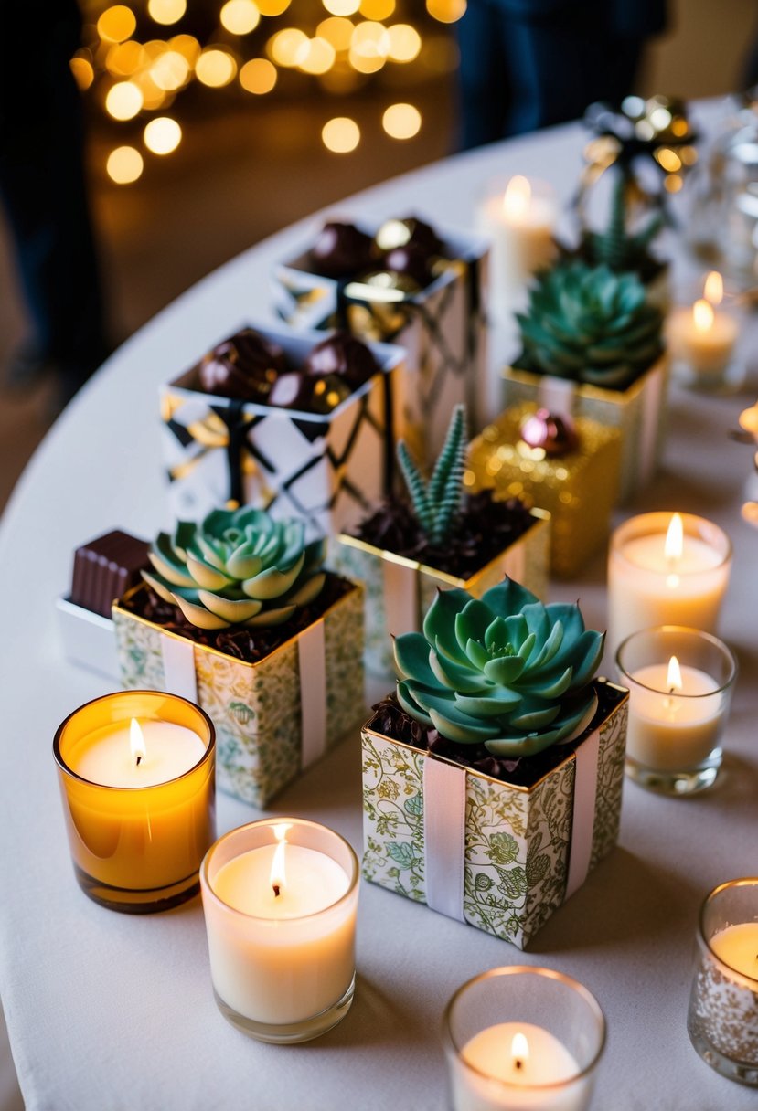 A table with assorted small gifts, such as candles, succulents, and chocolates, arranged in decorative packaging for wedding guests