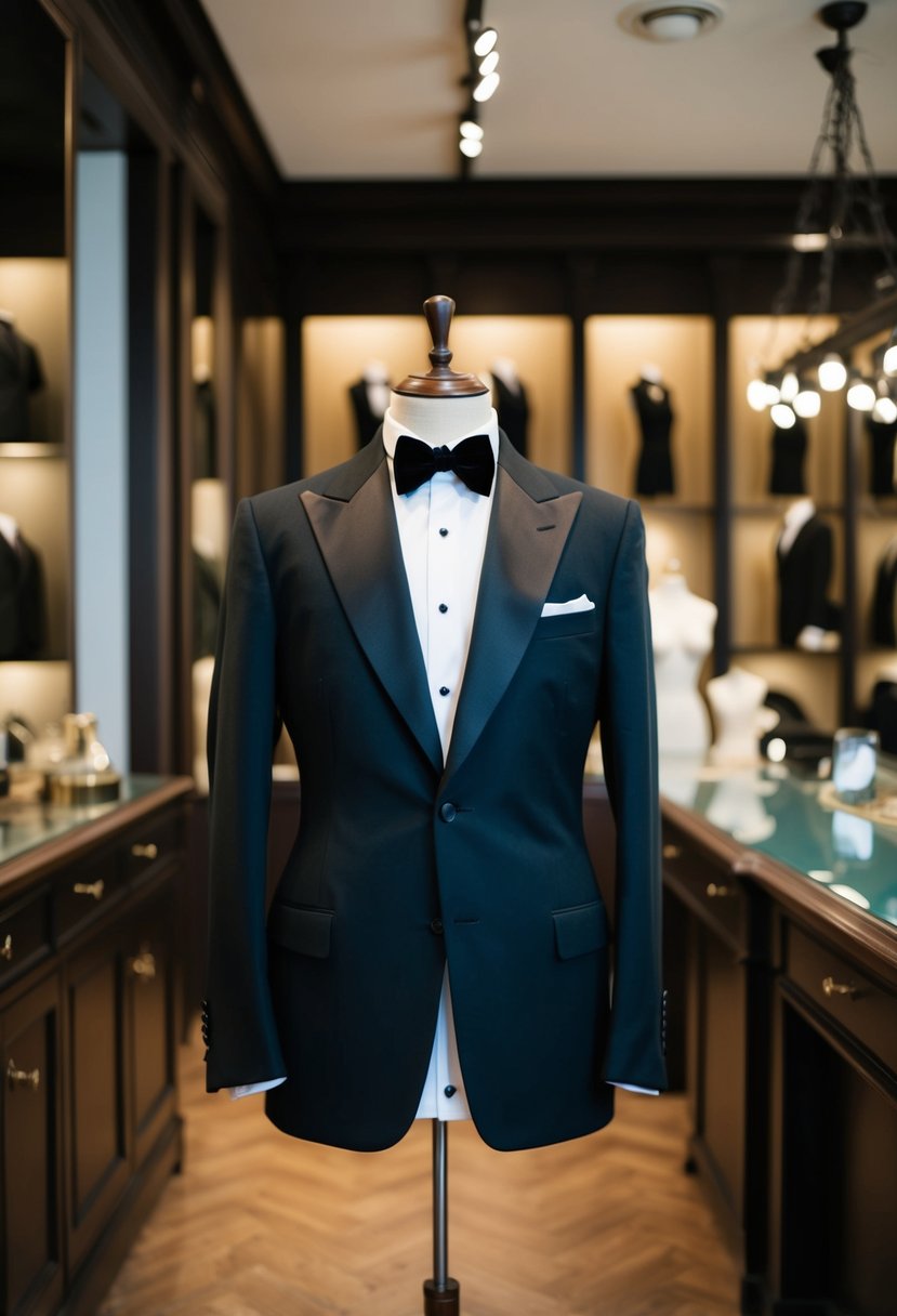 A vintage-inspired tuxedo with notch lapels displayed on a tailor's mannequin in a dimly lit, elegant showroom