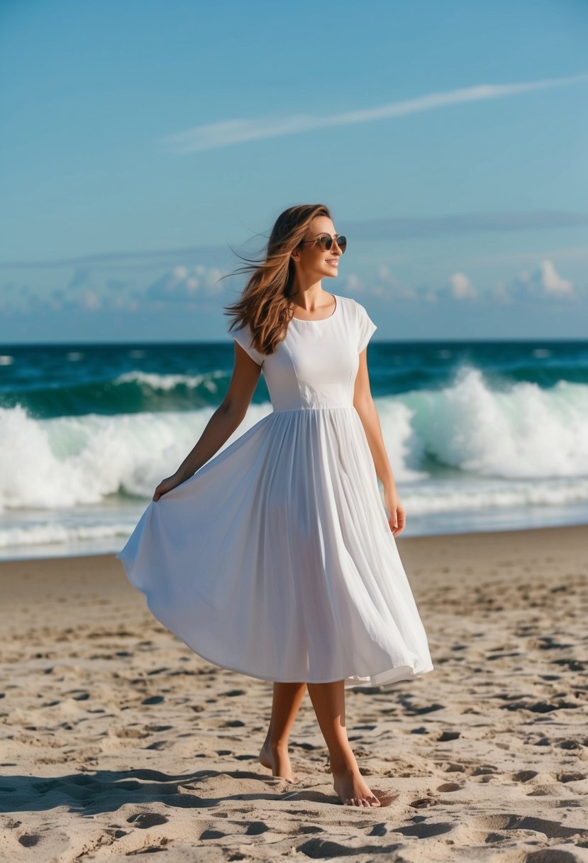 A flowing A-line cotton dress blowing in the ocean breeze on a sandy beach with a backdrop of crashing waves and a clear blue sky