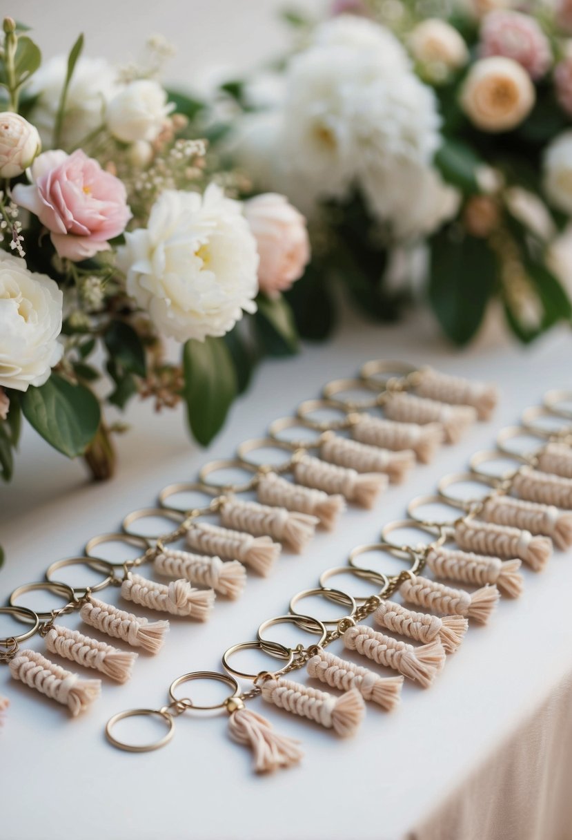 A table with small macrame keychains arranged in neat rows, surrounded by delicate floral decorations