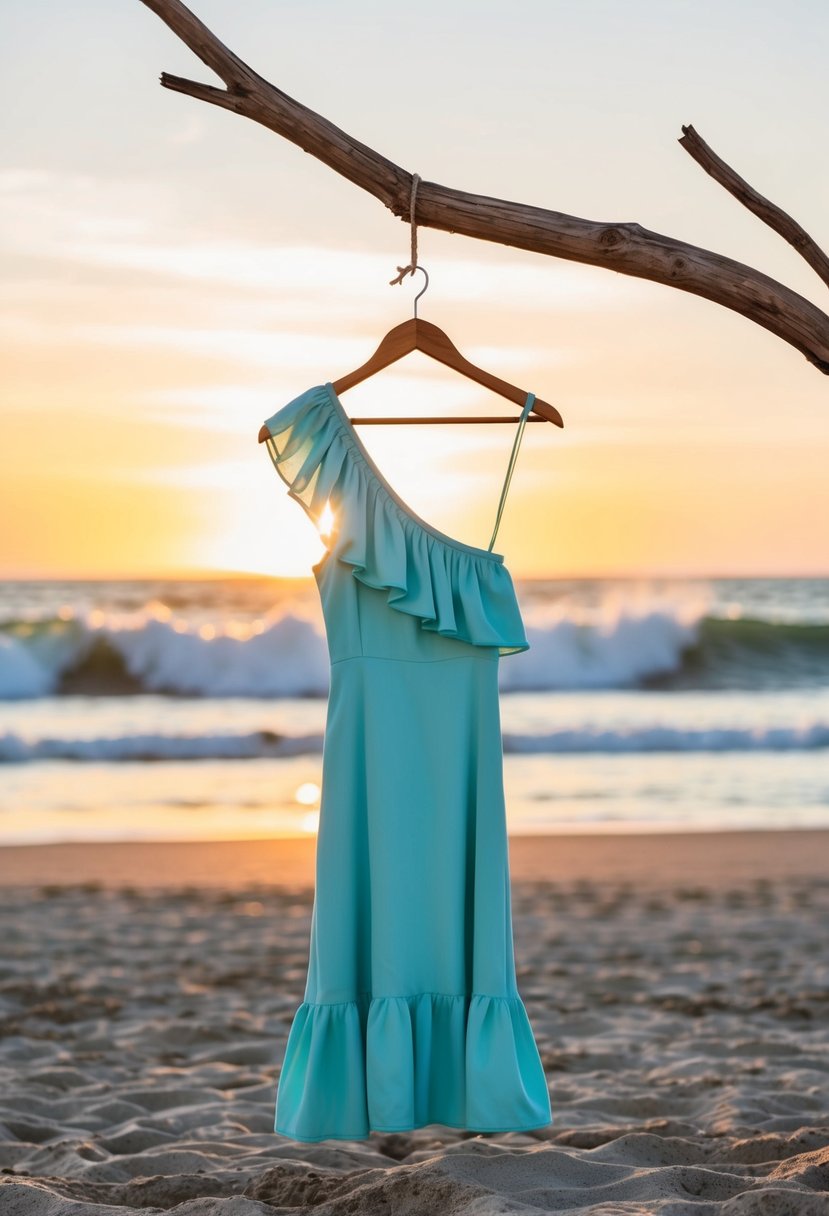 A sandy beach at sunset, with waves crashing in the background, a single-shoulder ruffle dress hanging from a driftwood branch