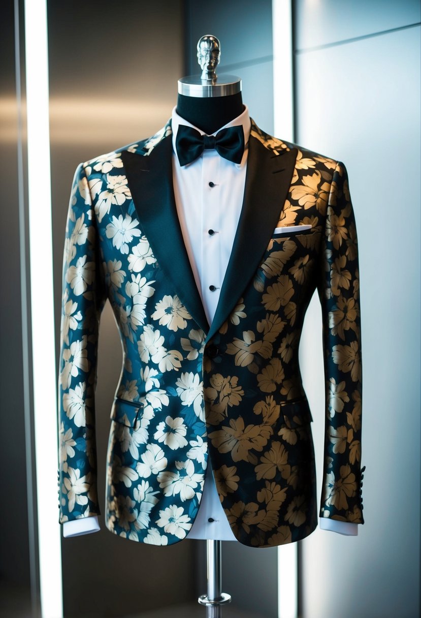 A floral patterned tuxedo jacket displayed on a mannequin against a sleek, modern backdrop