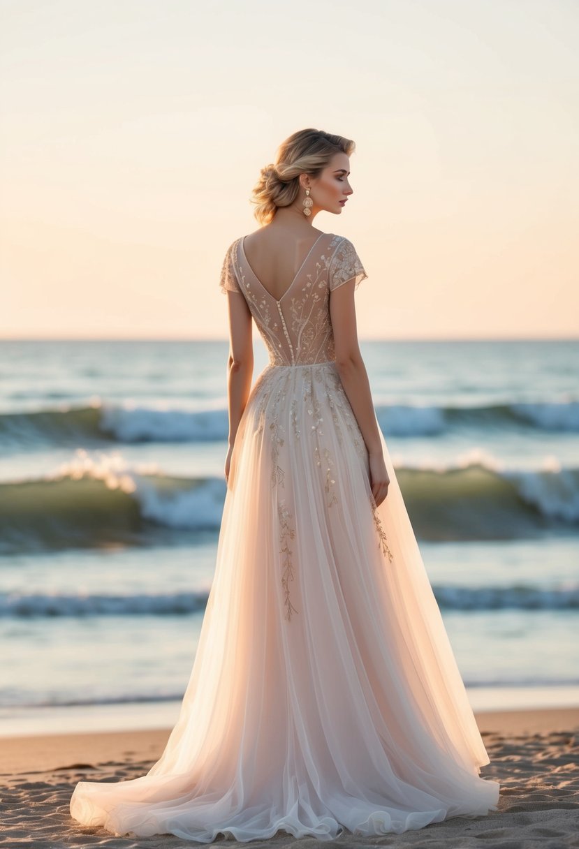 A flowing, short-sleeved gown with delicate embroidery, set against a backdrop of a serene beach with gentle waves and a soft, golden sunset