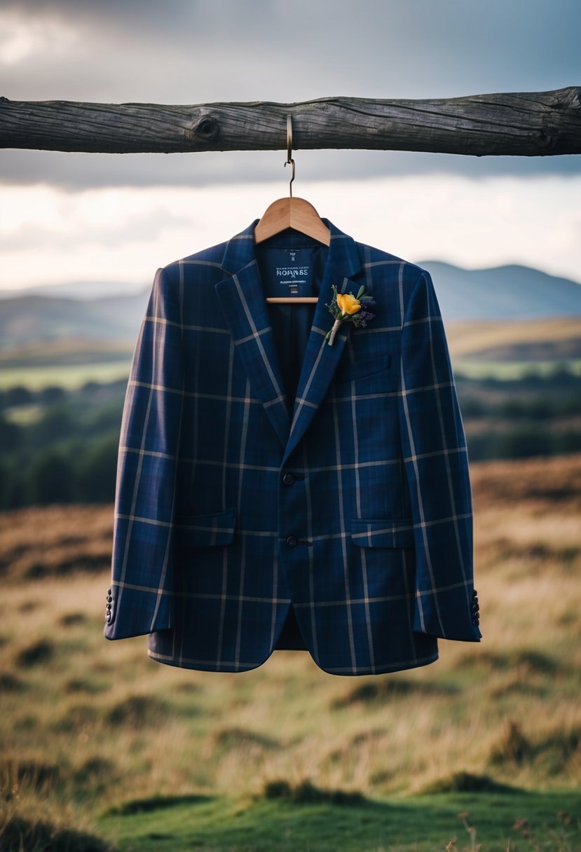 A tartan tuxedo hanging on a rustic wooden hanger, with a backdrop of a Scottish Highlands landscape