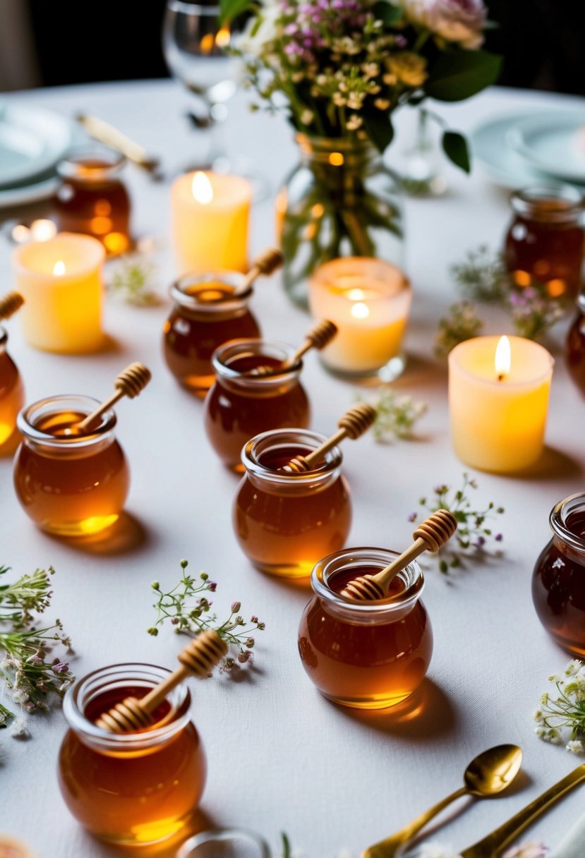 A table set with small honey pots and dippers, surrounded by delicate flowers and candles, ready to be given as gifts to wedding guests