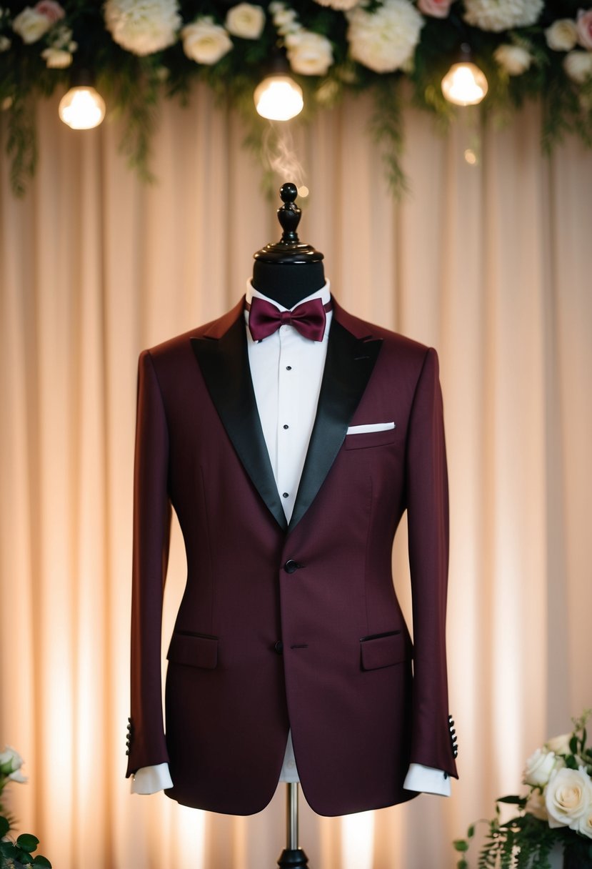 A burgundy tuxedo hanging on a sleek black mannequin, set against a backdrop of soft, romantic lighting and elegant decor