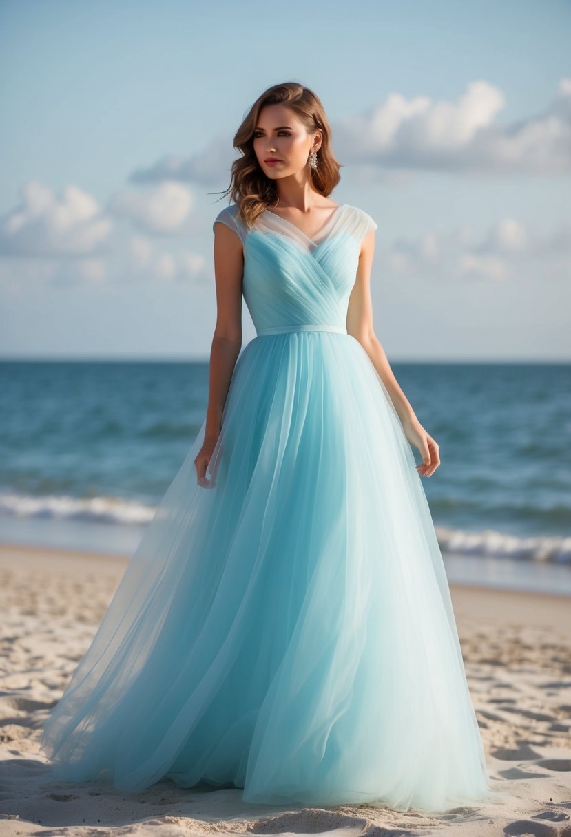 A flowing tulle dress with cap sleeves, standing on a sandy beach with the ocean in the background